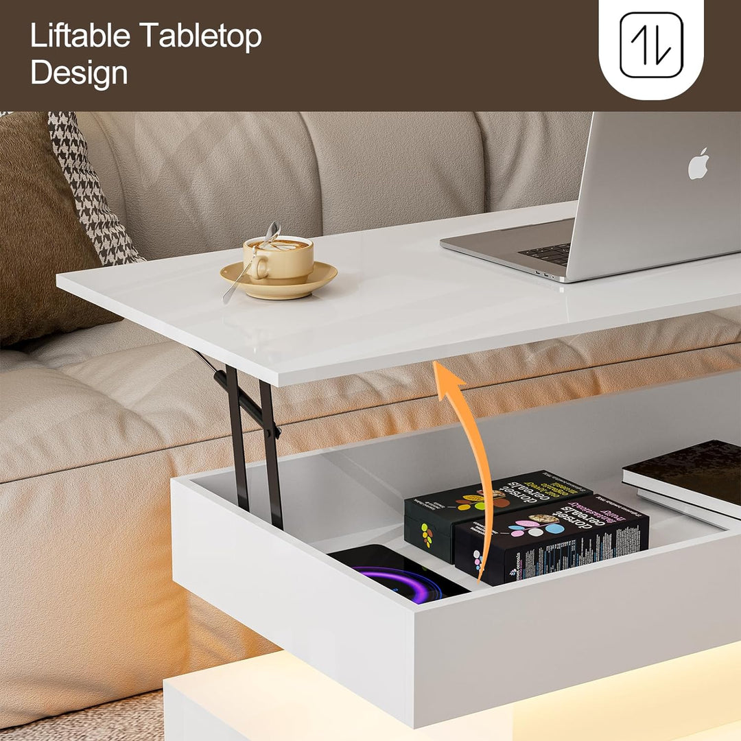 Lift Top Coffee Table with LED Lights, 2 Drawers, Hidden Compartment, White