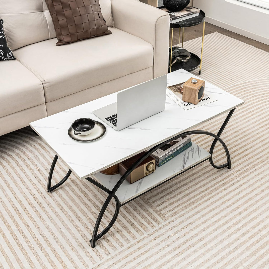 Modern Rectangular Coffee Table with Storage Shelf, White & Black