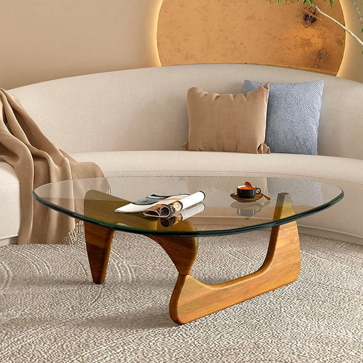 Triangle Glass Coffee Table, Mid-Century Modern End Table, Walnut Transparent