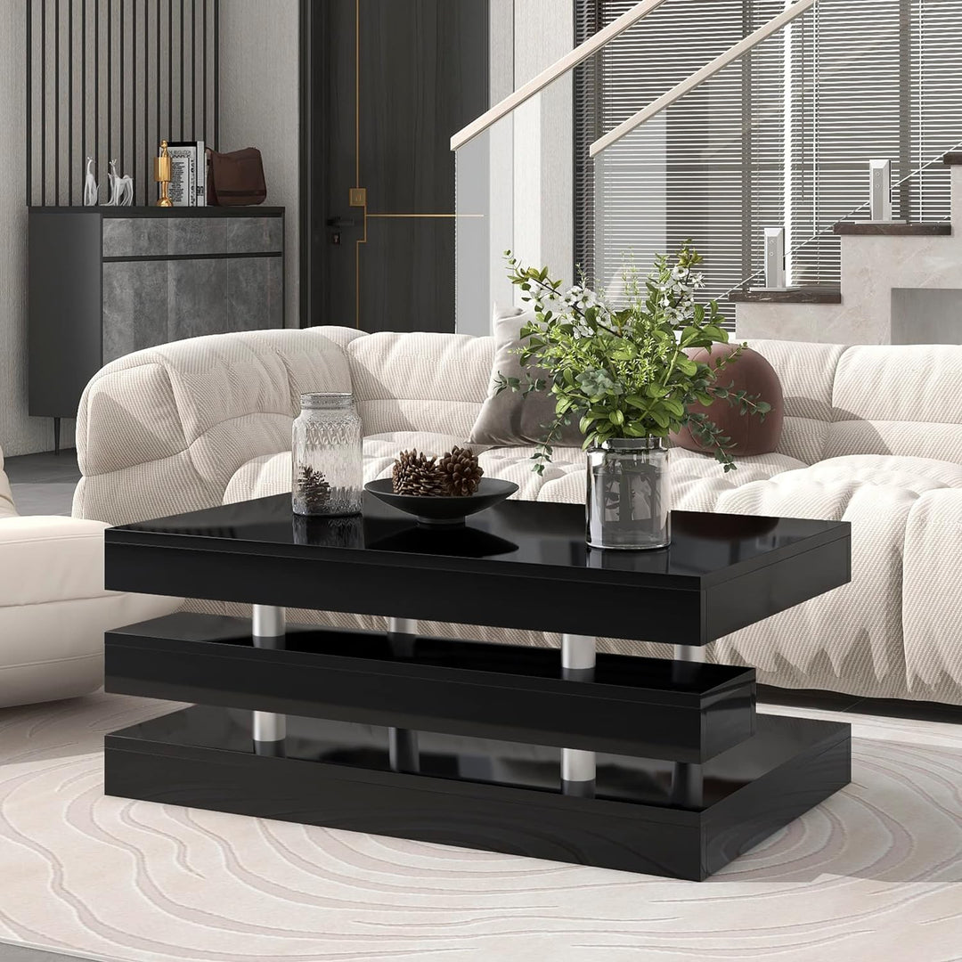 Modern 2-Tier Coffee Table, Silver Metal Legs, High-Gloss UV, Black