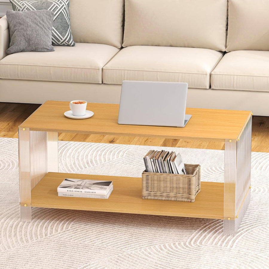 Acrylic Coffee Table, Modern Wooden Center Table with Storage, Natural