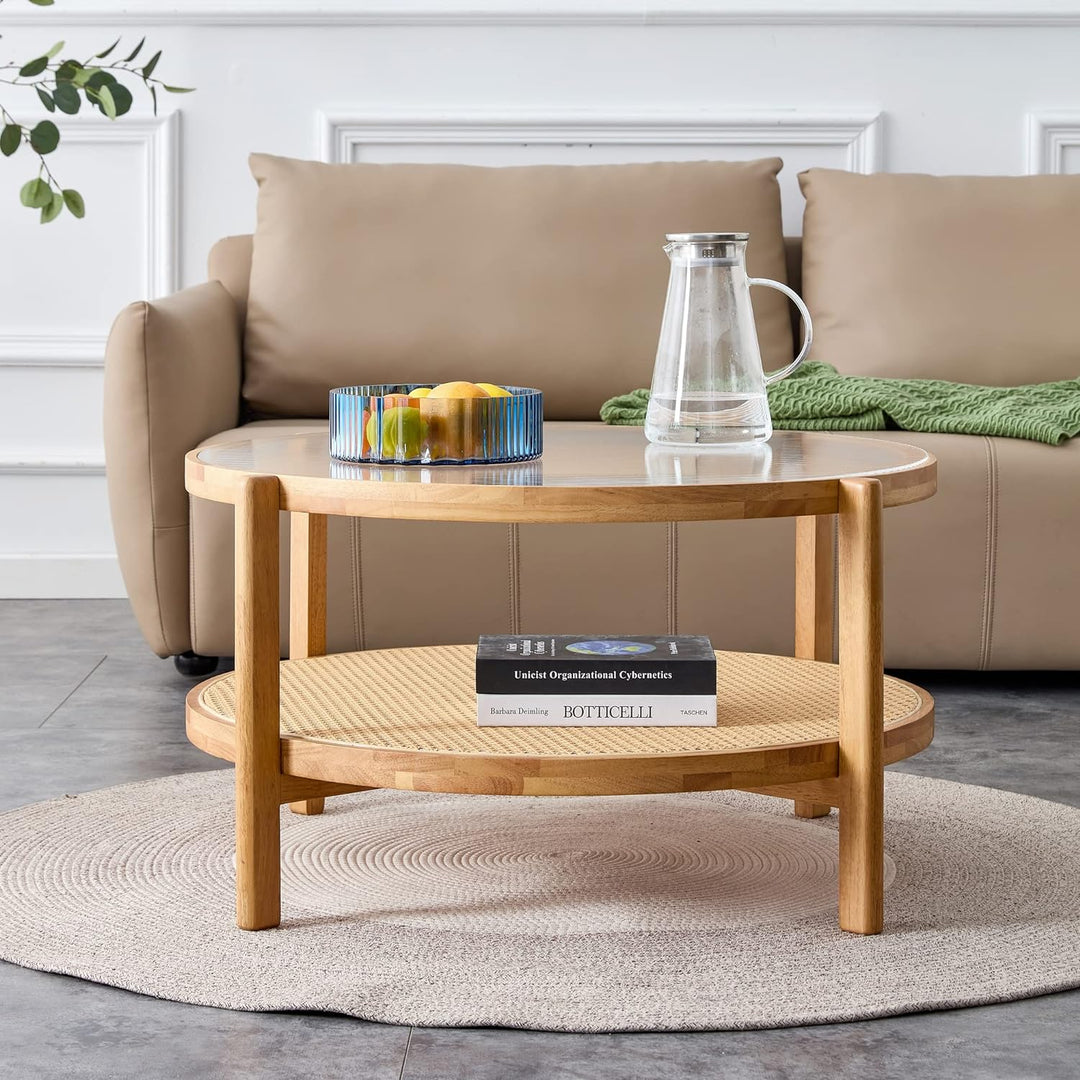 Tempered Glass Round Coffee Table, Farmhouse Circle w/ Rattan Shelf