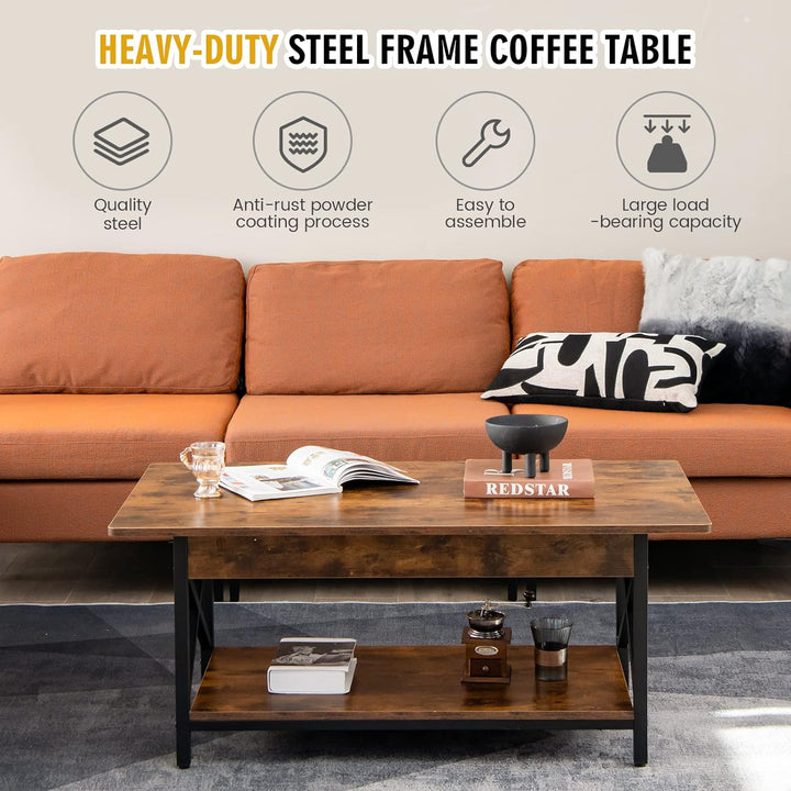 COSTWAY Industrial Coffee Table, 2-Tier Wood Cocktail Tea Table, Rustic Brown