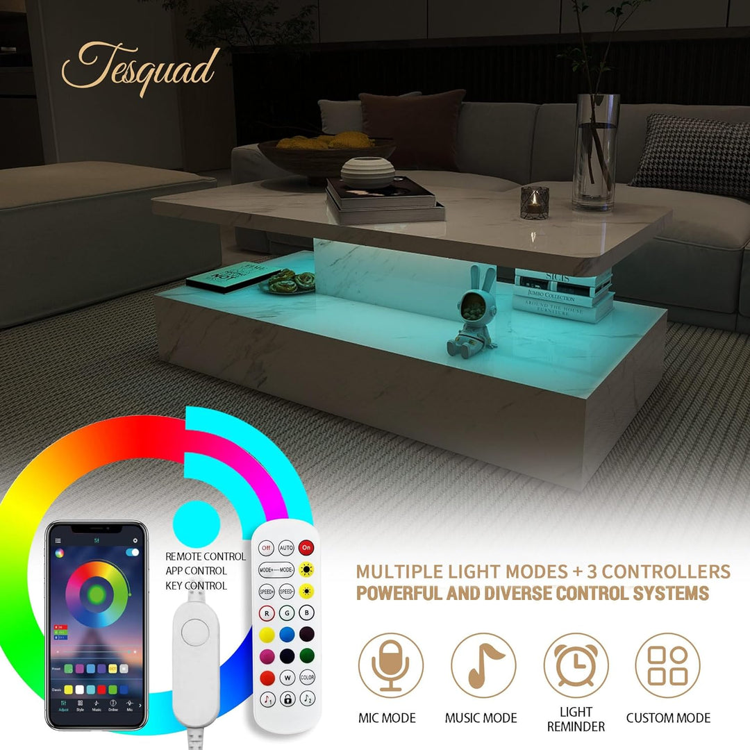 LED Coffee Table, Modern Marble Coffee Table with High Gloss Surface