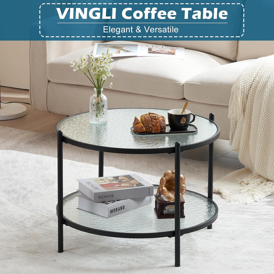 Matte Black Round Coffee Table with Water-Wave Glass, 2-Tier Storage Design, for Living Room, Bedroom, Balcony, Patio