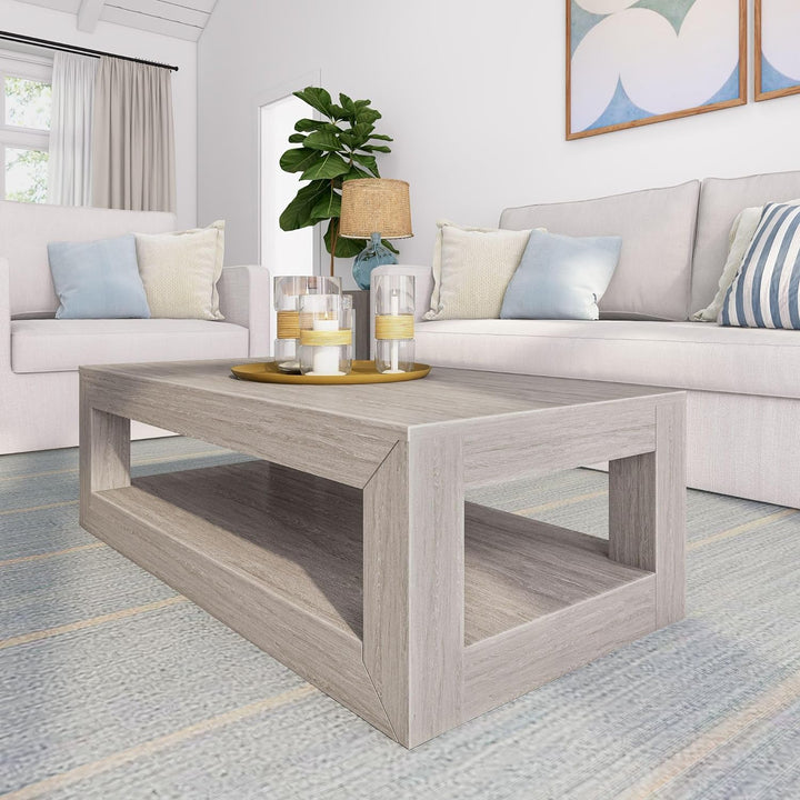 Rectangular Modern Coffee Table with Shelf, Solid Wood, Seashell Wirebrush