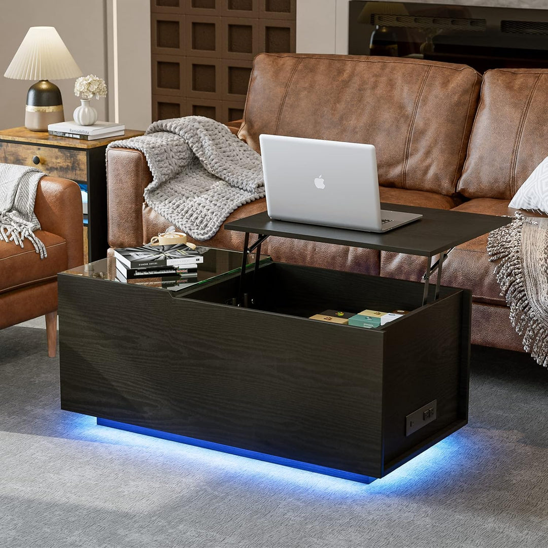 IKIFLY Lift Top Coffee Table, LED Lights, Charging, Black