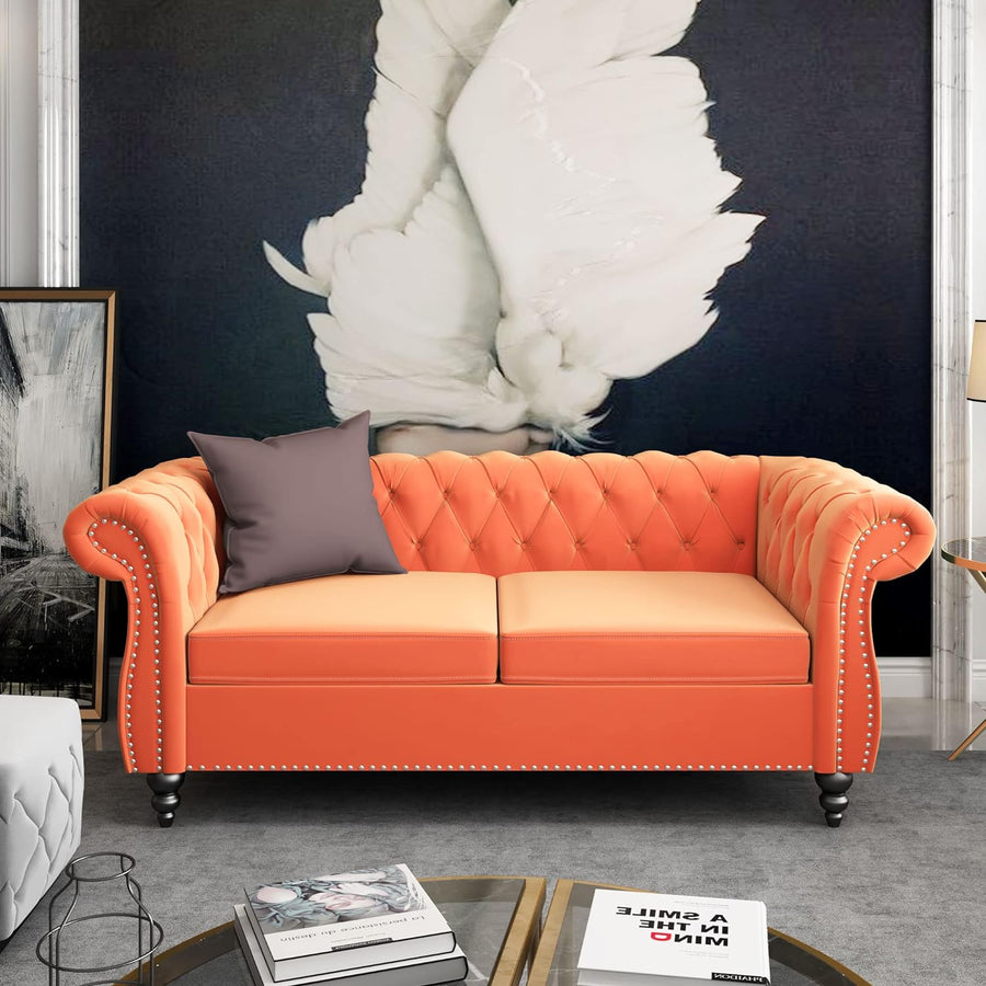 Chesterfield Loveseat, Modern Velvet Sofa Tufted Couch (Orange)