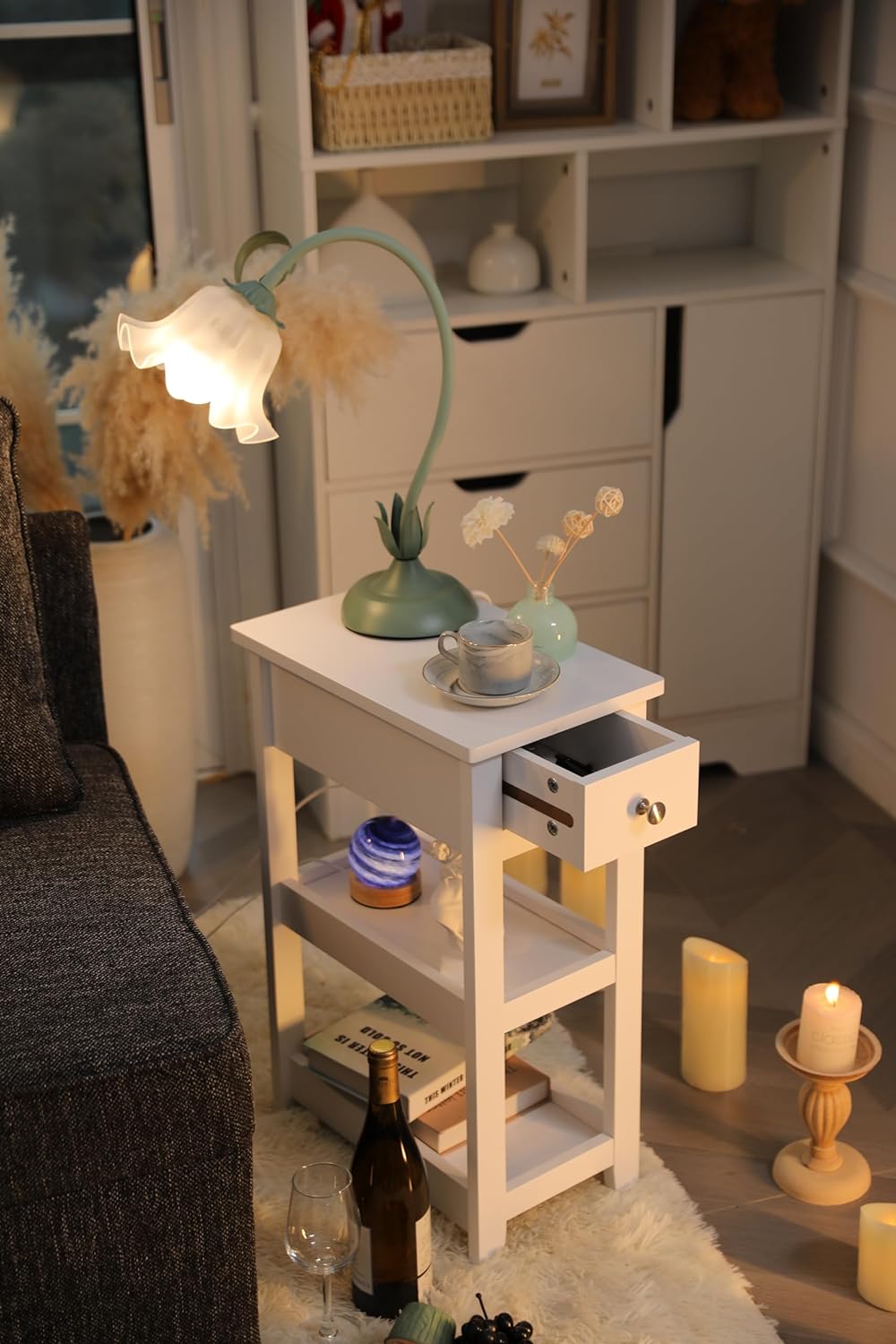 3-Tier White Nightstand, Wood Look Accent Tables