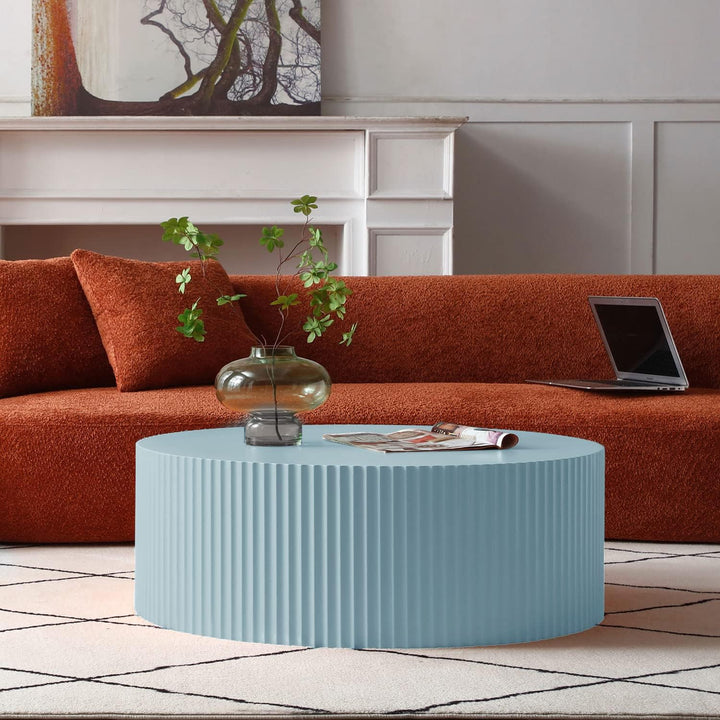 Modern Round Coffee Table Set, Wood Circle Drum Side Table, Blue