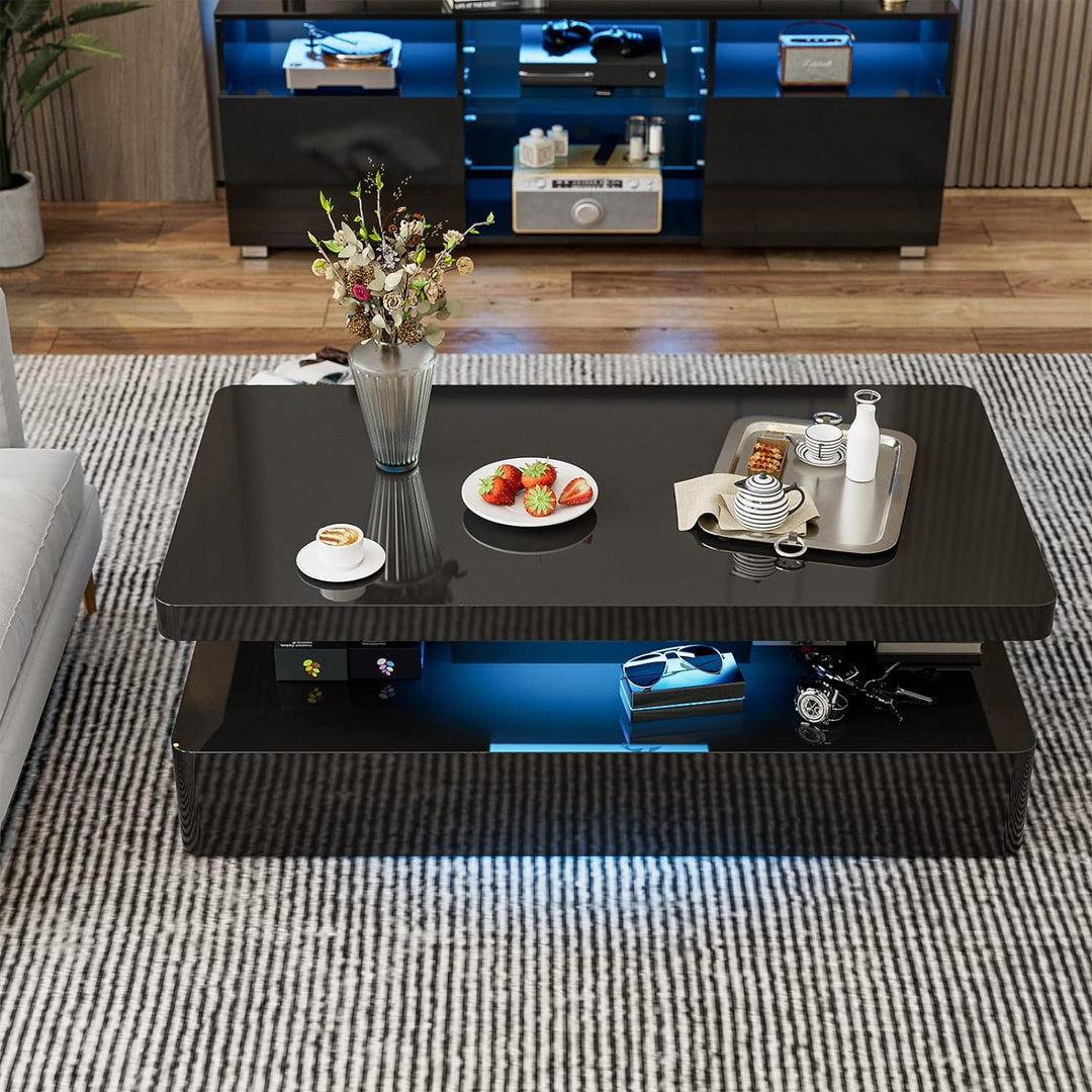 Modern High Glossy Black Coffee Table with LED Lights, Contemporary