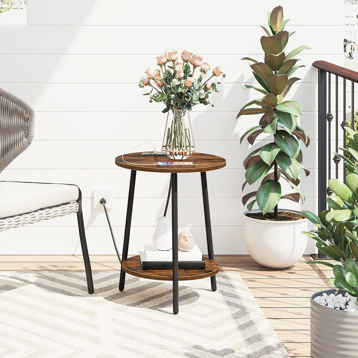 Round End Table w/ Charging Station, 2-Tier Rustic Brown