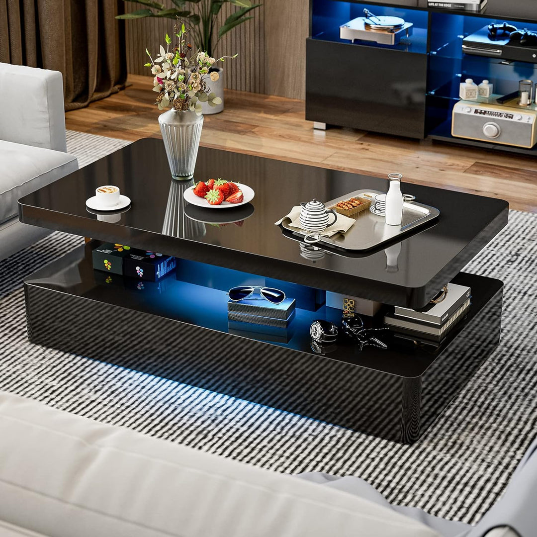 Modern High Glossy Black Coffee Table with LED Lights, Contemporary