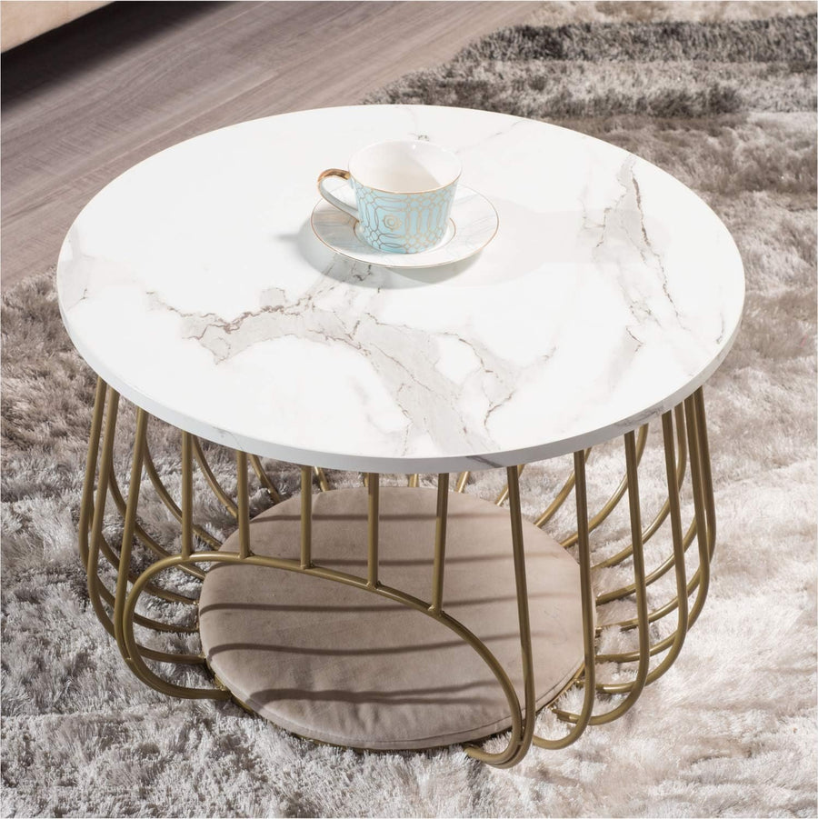 22" Round Coffee Table, Modern Cocktail Table, White Marble, Gold