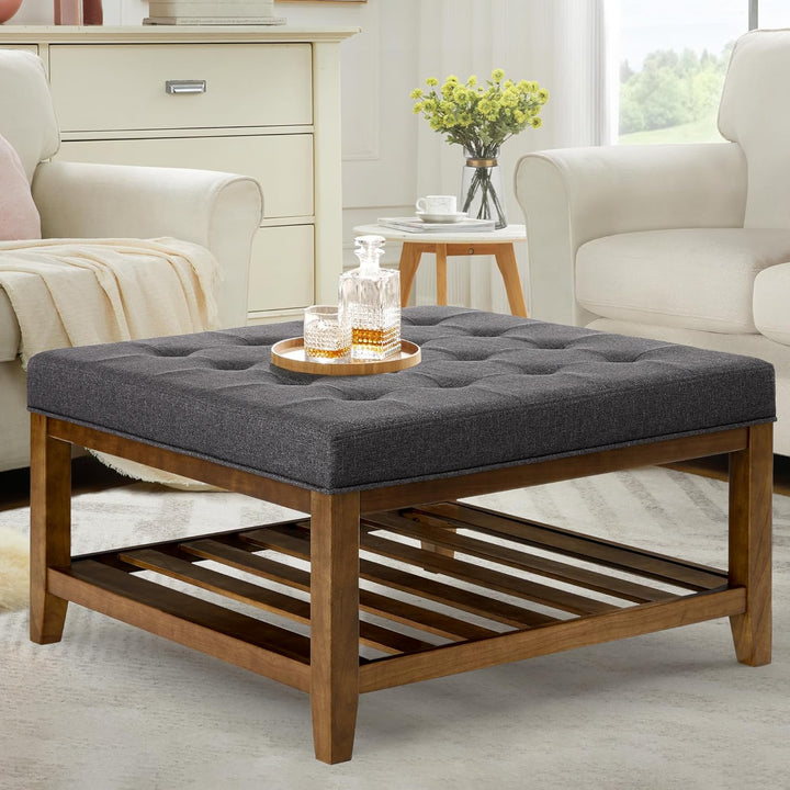 34" Square Ottoman Coffee Table, Button Tufted Upholstered, Dgrey