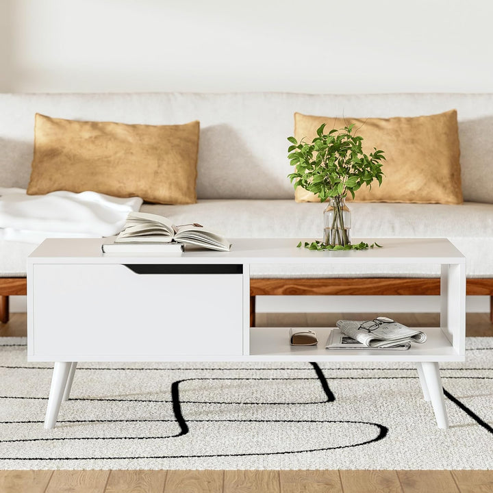 Mid-Century Modern Coffee Table with Drawer and Shelf, White