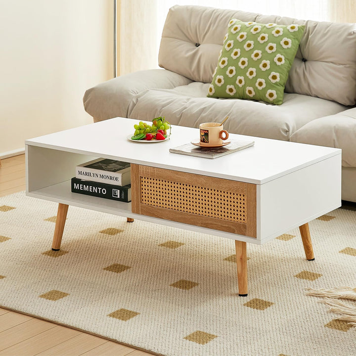 Mid Century Modern Coffee Table with Storage, Wooden Accent Center Sofa Table, White Natural Color