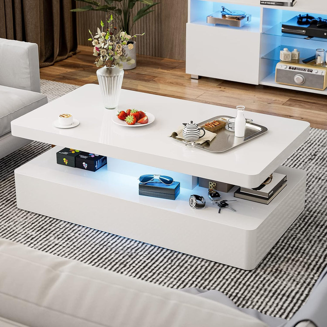 Modern High Glossy White Coffee Table with LED Lights, Contemporary