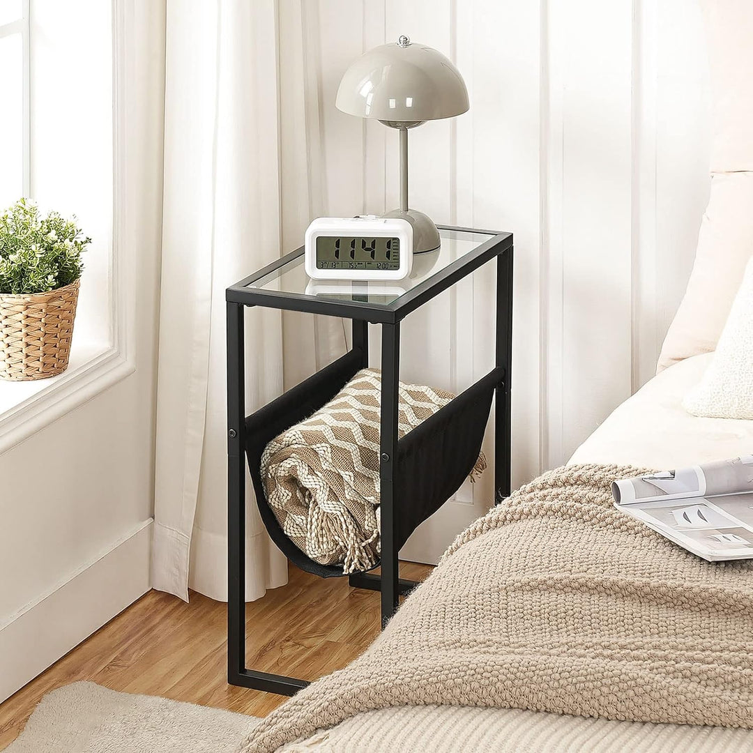 Narrow Side Table, Tempered Glass End Table, Black