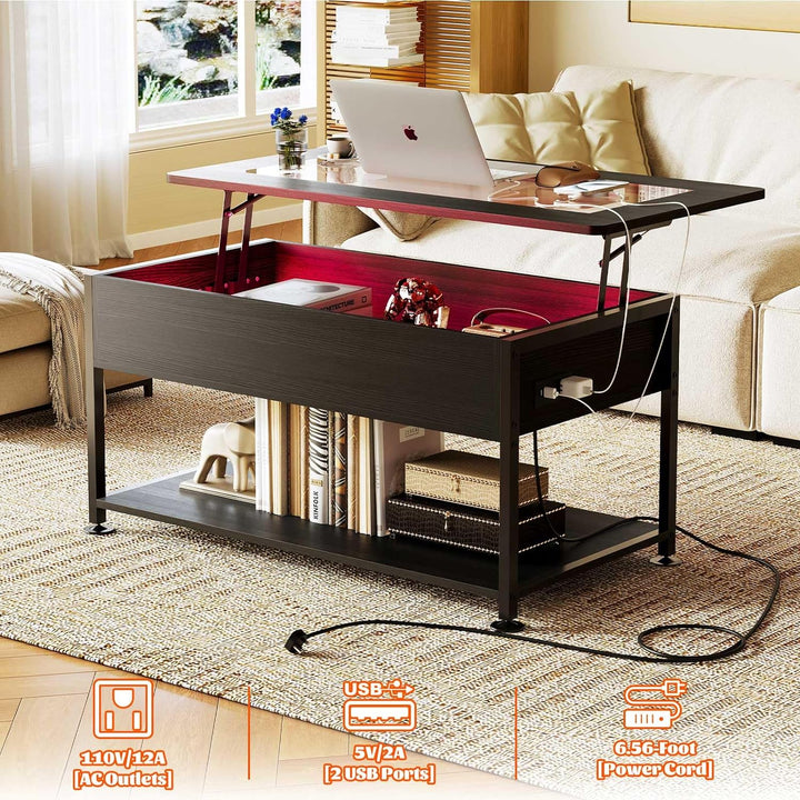 Stylish Glass Coffee Table with LED Lighting and Power Outlet, Black