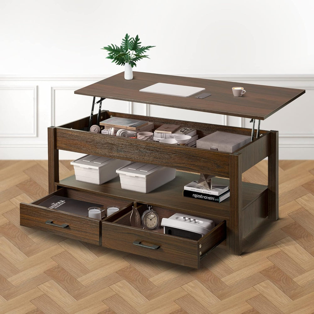 Lift Top Coffee Table with Storage Drawers, Retro Central Table, Espresso