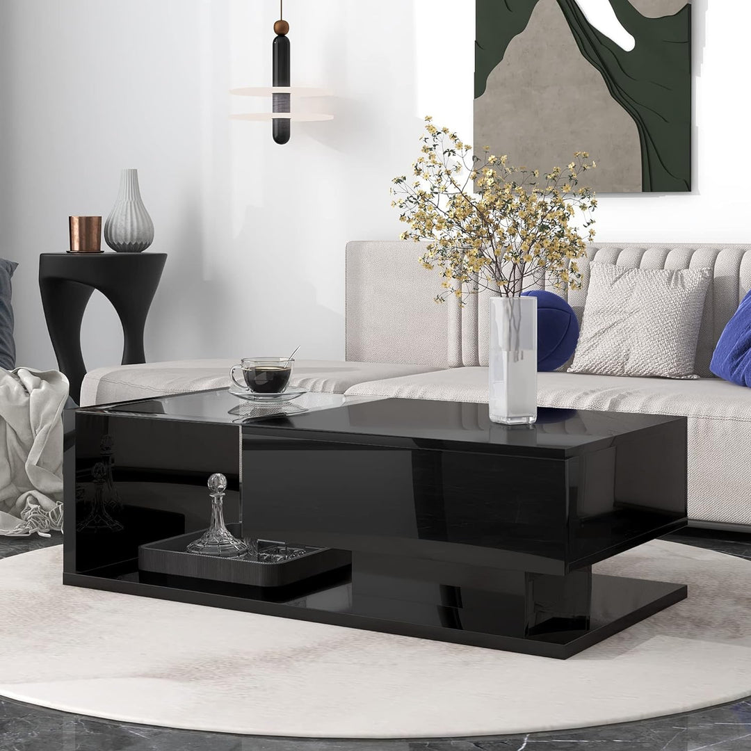 Modern Wooden Coffee Table with Tempered Glass Top, Black