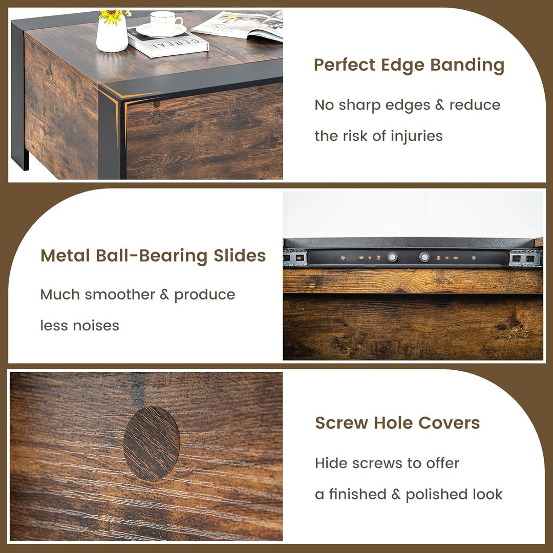 Sliding Top Coffee Table with Hidden Storage, Extendable Cocktail Table, Rustic Brown