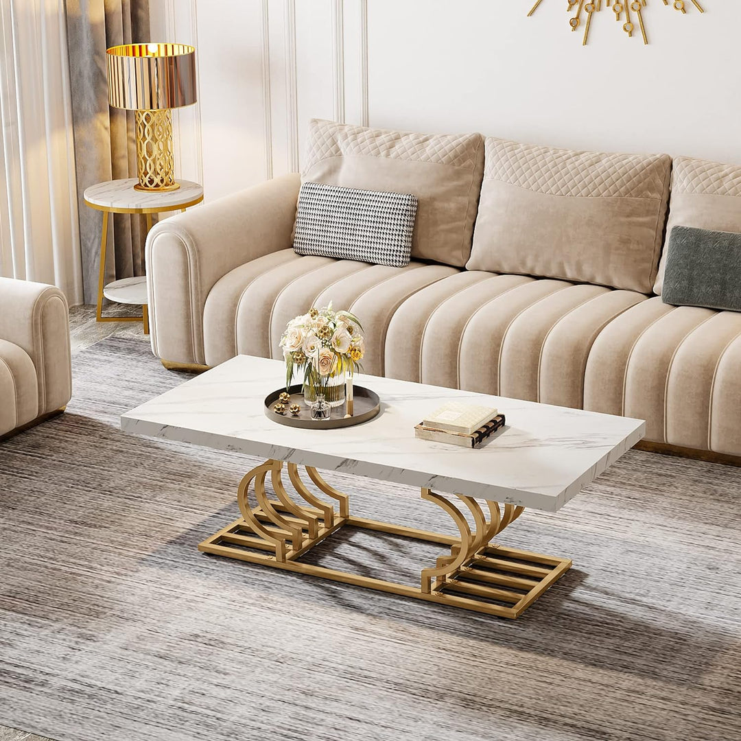 Modern Faux Marble Coffee Table, Accent Furniture, White/Gold