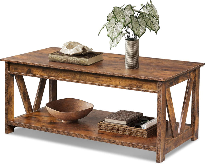 Farmhouse Coffee Table with Storage, 43-inch Wood Center Table, Rustic Brown