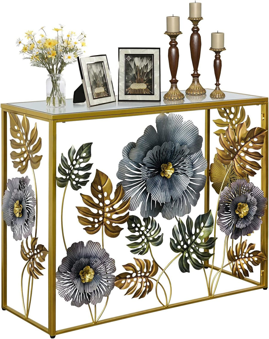 Console Table, Vintage Art Sofa Table with Metal Flower