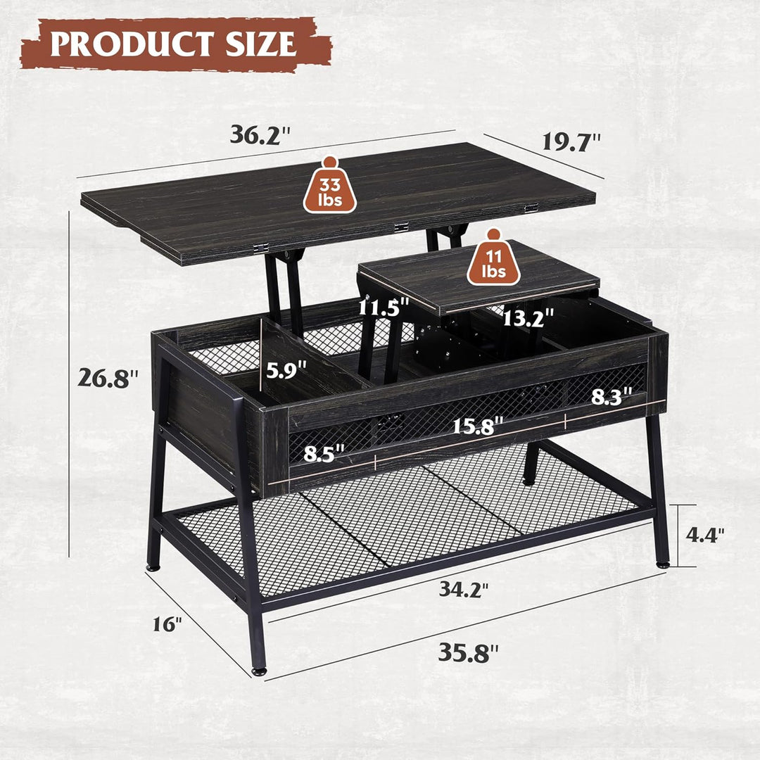 Lift Top Coffee Table with Hidden Storage, 3-in-1 Convertible, Charcoal