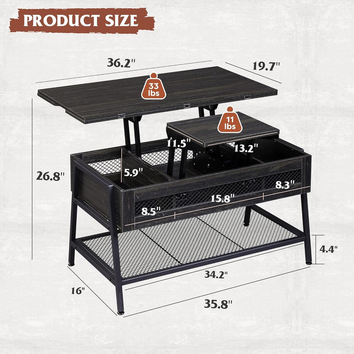 Lift Top Coffee Table with Hidden Storage, 3-in-1 Convertible, Charcoal