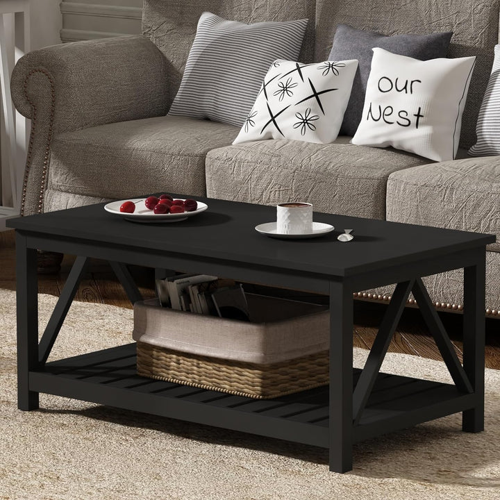 Rustic Vintage Coffee Table with Shelf, Pure Black