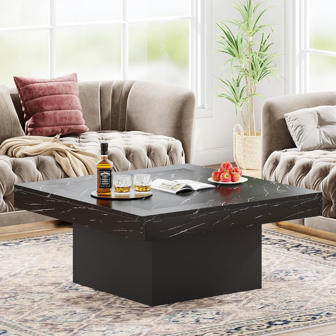 Stylish Square LED Coffee Table, Faux Marble Blackblack