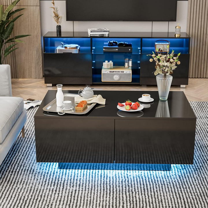 Modern LED Coffee Table with 4 Drawers, Black High Gloss