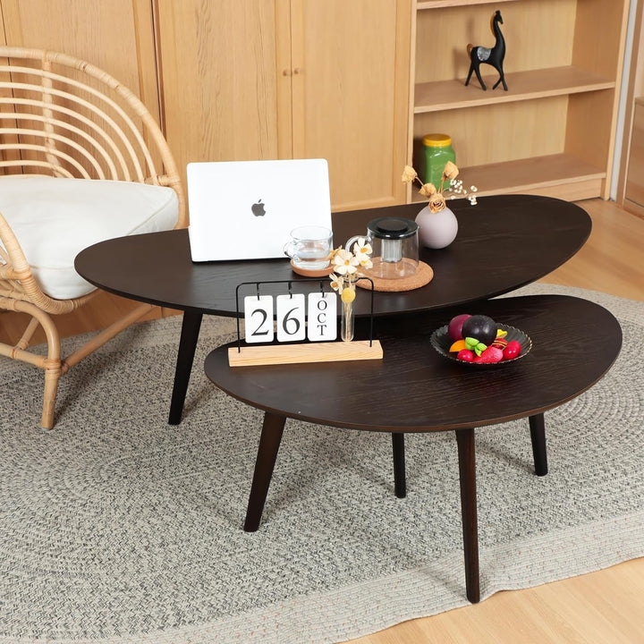 Small Oval Coffee Table, Mango Wood Tabletop, Modern Design, Black Walnut