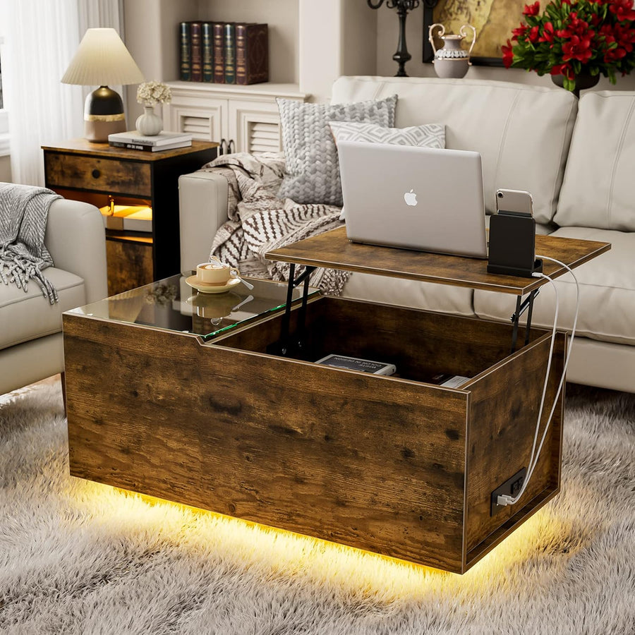 Rustic Lift-Top Coffee Table with LED Lights, Charging Station