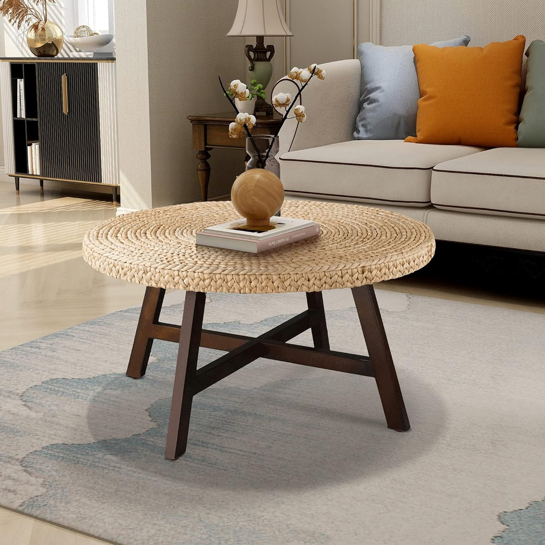 Coffee Table Round, Seagrass Coffee Tables, Pine Wood X Base Frame, Natural