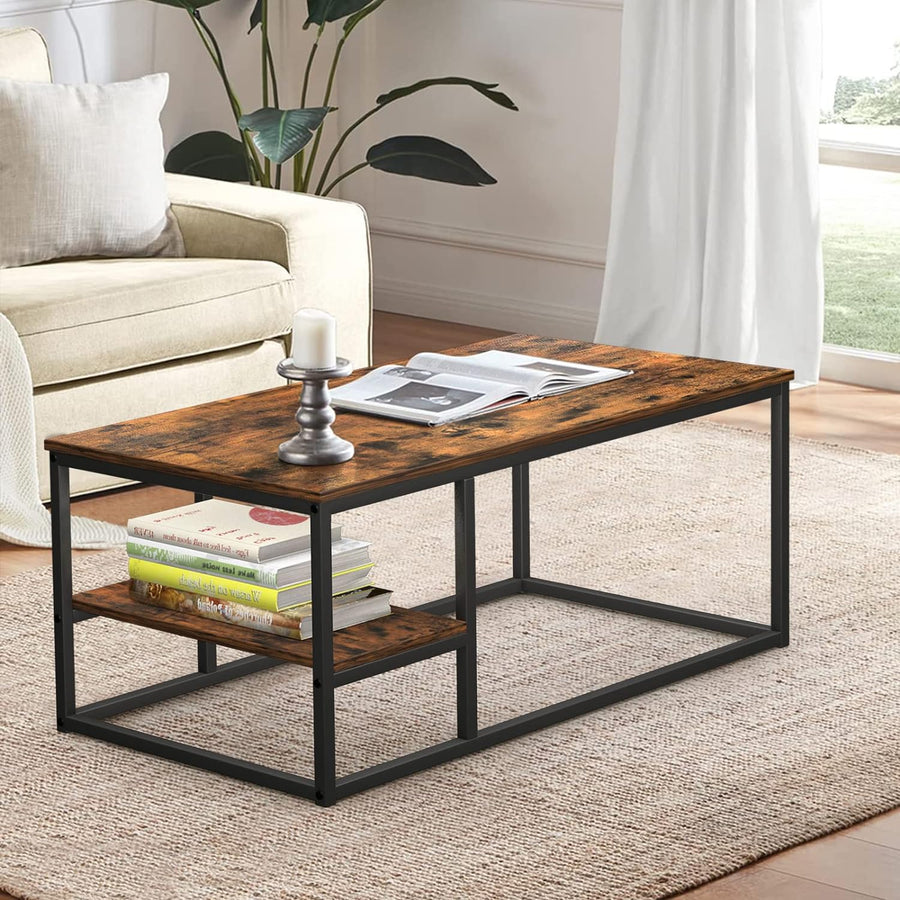 Rustic Coffee Table with Steel Frame and Shelves, Scandinavian Style, Vintage Brown