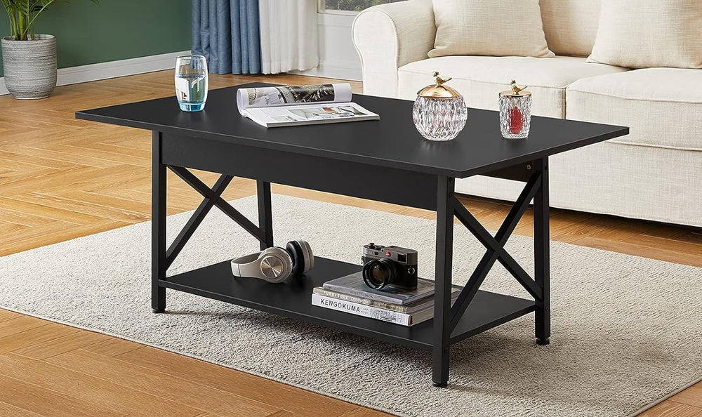 Elegant Coffee Table with Storage Shelf, Large Size, Black