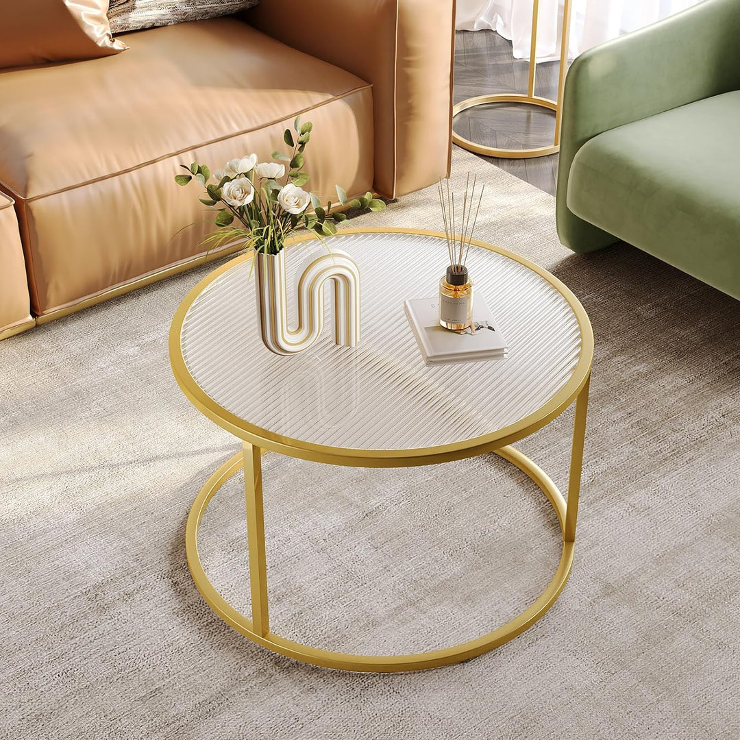 Stylish Modern Round Glass Coffee Table, Coffee Table-texture Gold