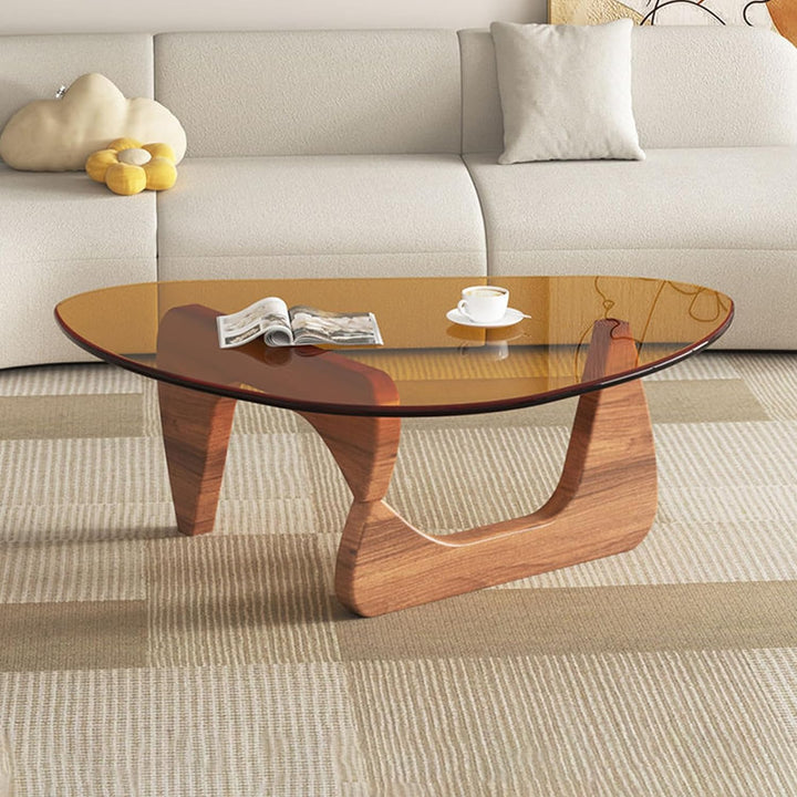 Mid-Century Modern Coffee Table, Triangle Glass Top, Walnut/Brown