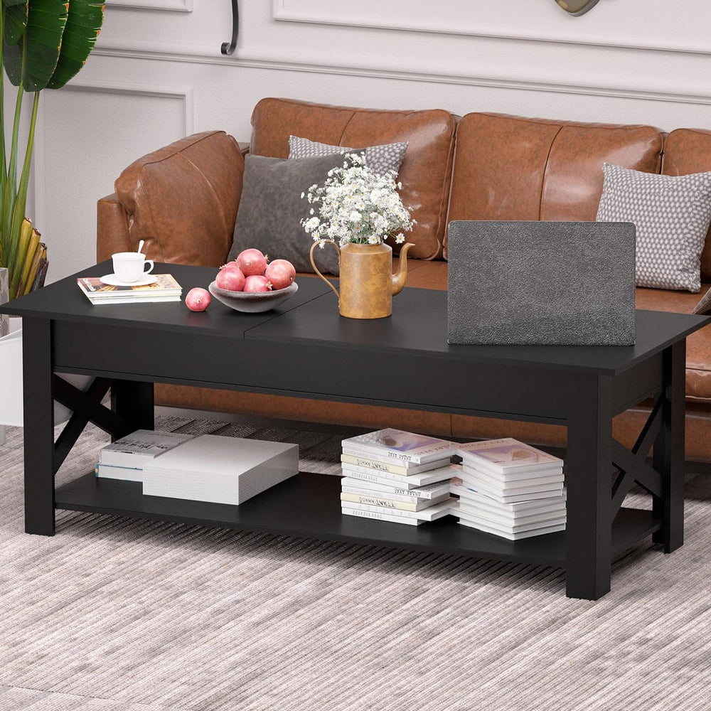 Versatile Lift-Top Coffee Table, Hidden Storage, Open Shelf, Black