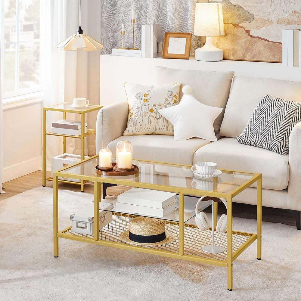 Gold Coffee Table, Glass Coffee Table for Living Room, 3-Tier Rectangular Coffee Table, Gold Glass Coffee Table with Storage Shelf, Metal Frame, Gold