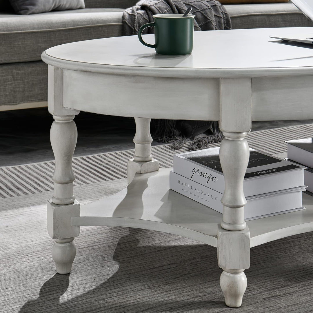 Elegant 2-Tier Oval Coffee Table, Solid Wood Victorian Style, Grey White