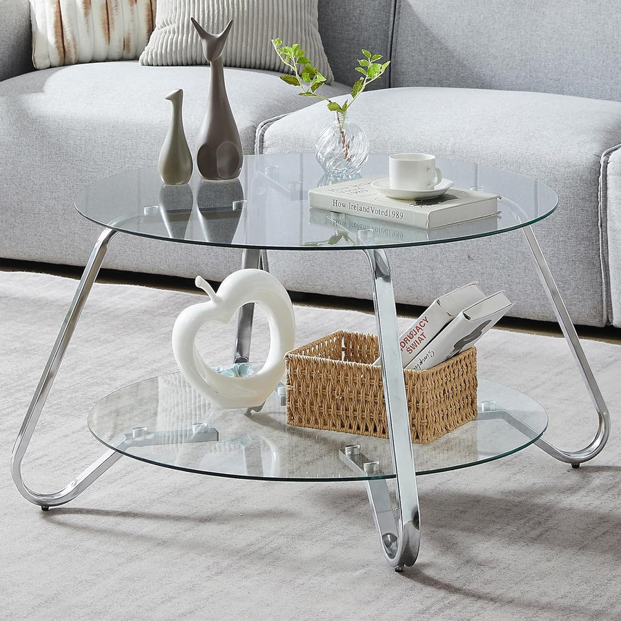 Elegant Modern Round Coffee Table, Metal Frame, Glass Tabletop, Silver