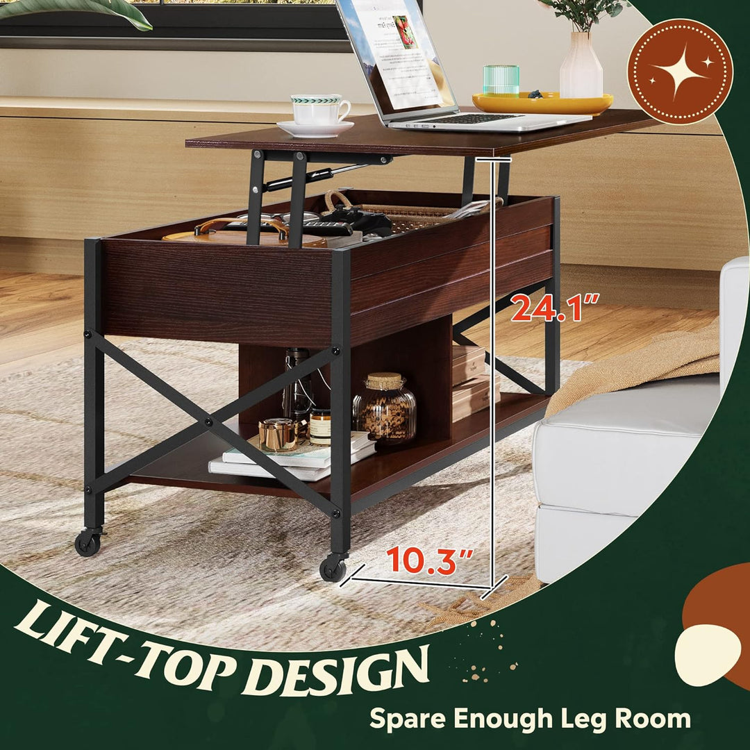 Lift Top Coffee Table with Hidden Storage, Metal Frame, Espresso