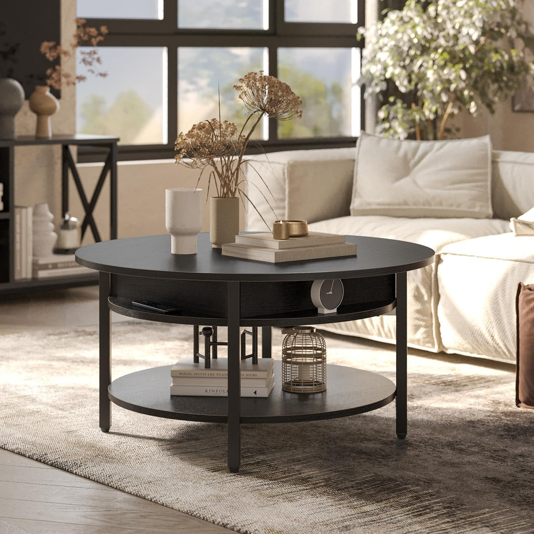 Farmhouse Round Lift Top Coffee Table with Hidden Storage, Black