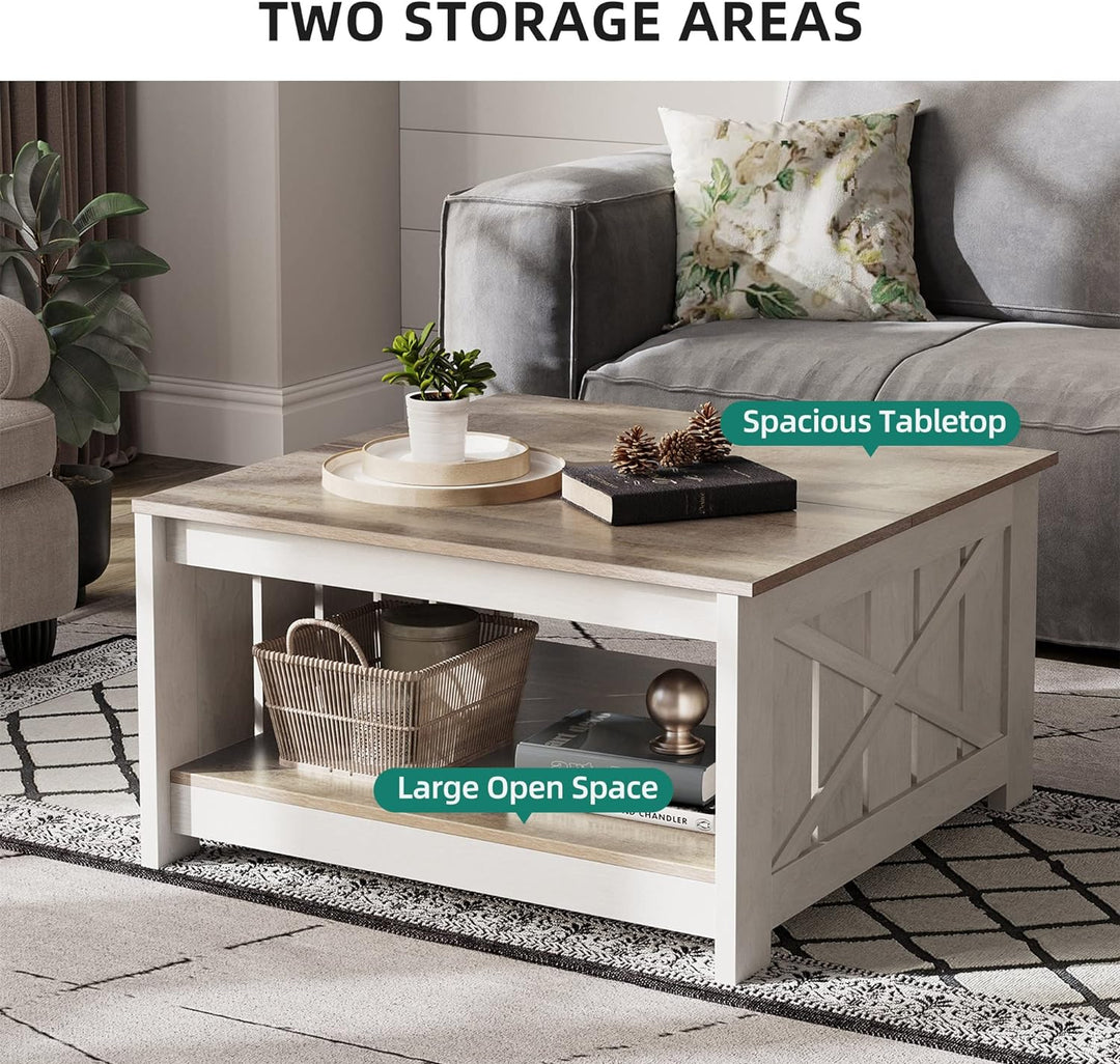 Rustic Farmhouse Coffee Table with Storage, Grey Wash