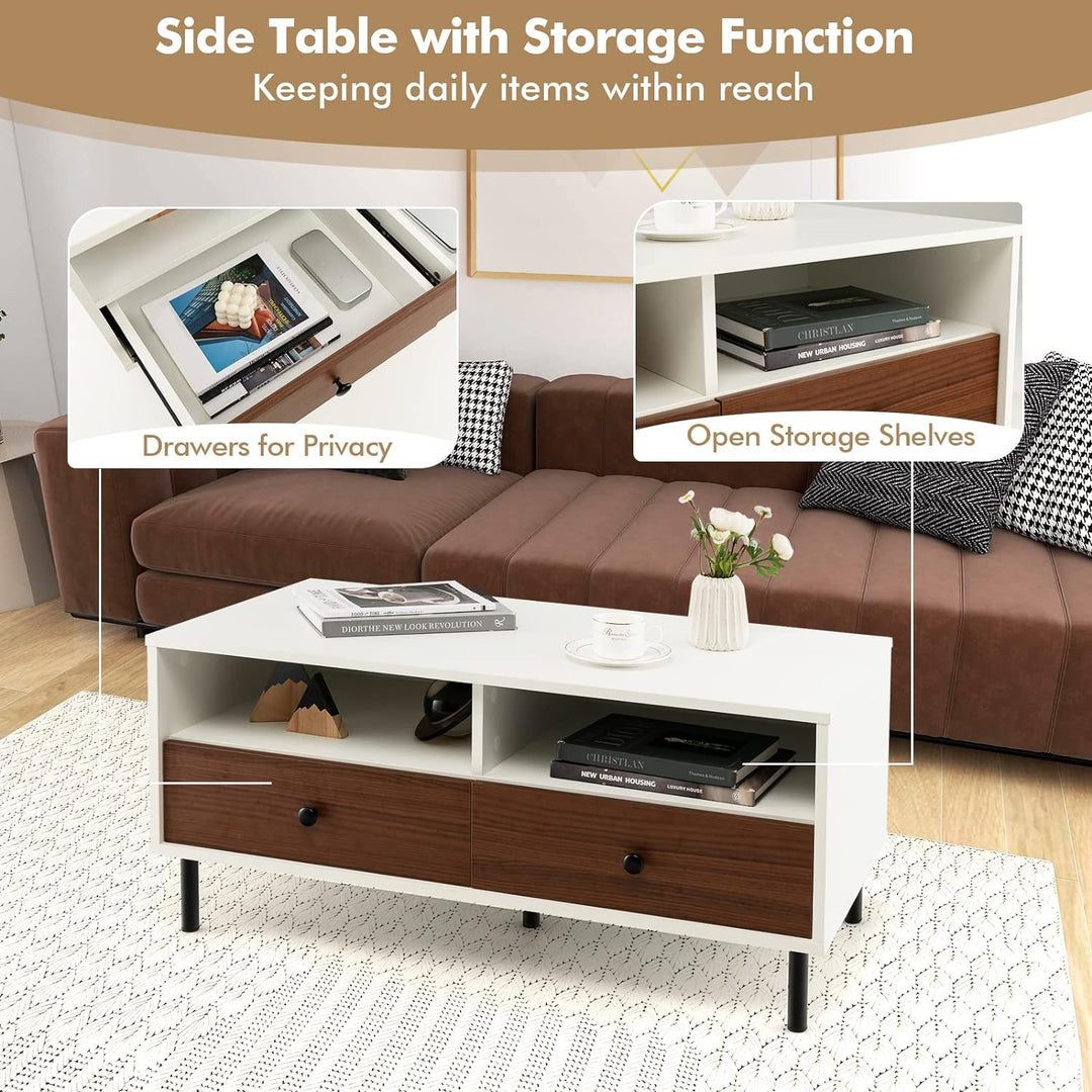 Rectangular Wood Coffee Table, 2-Tier Design, 2 Drawers, 2 Shelves, Brown